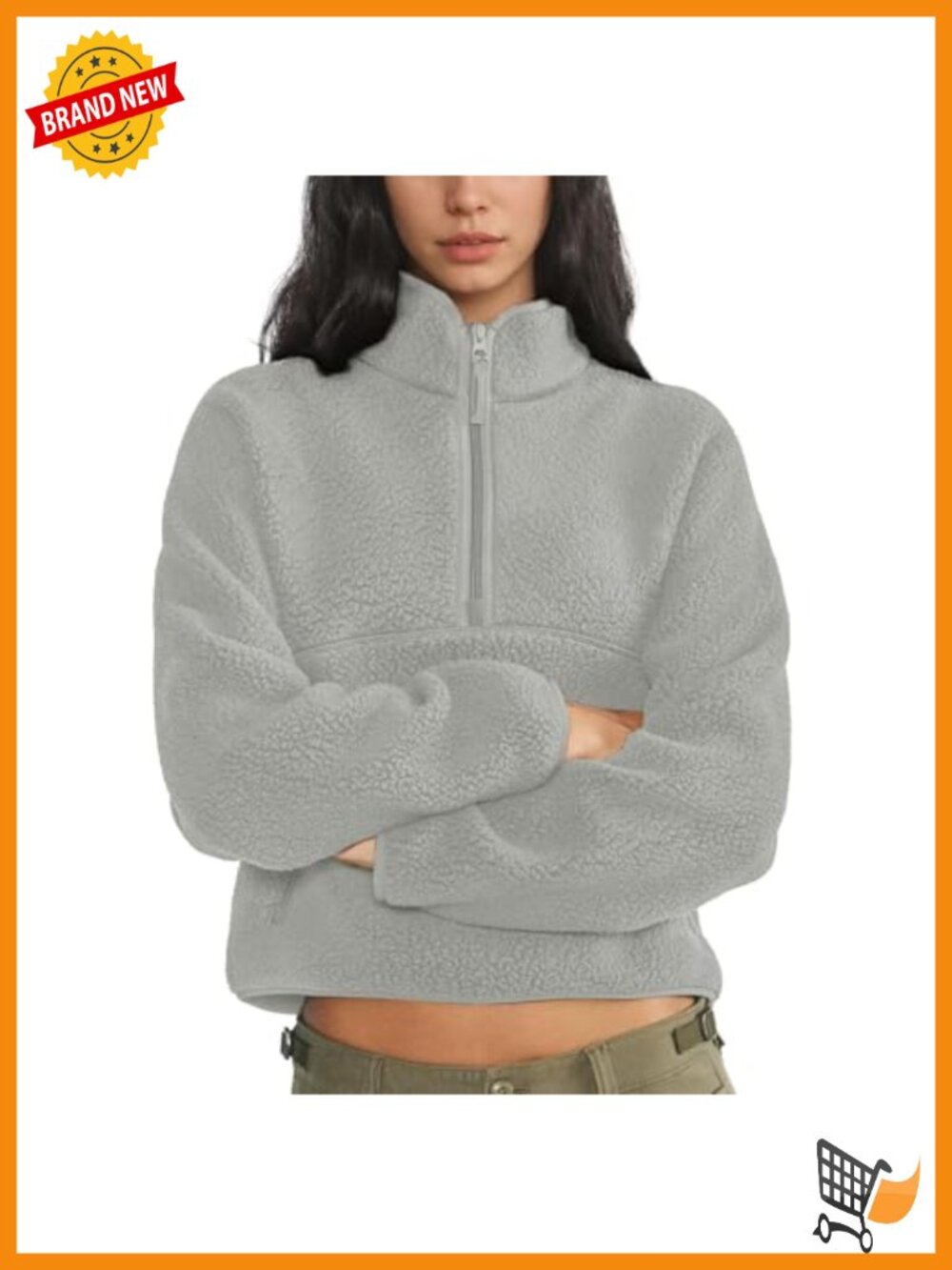 Cropped Half Zip Sherpa Fleece Sweatshirt with Pockets